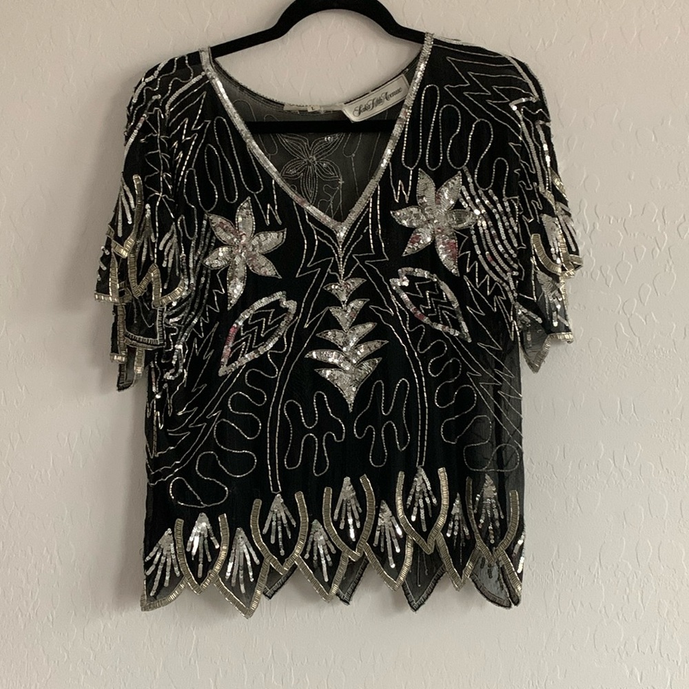 80’s Glam Black Silver Sequin Top